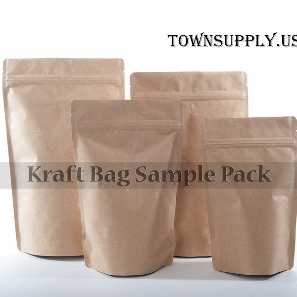 sample sizes of natural Kraft bags, 16, 12, 8, 4 oz food grade packaging, resealable zip pouch, recloseable package, ziplock bag, food safe