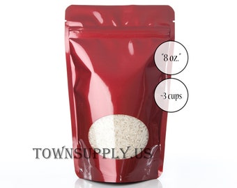 20 8 oz red poly stand up pouches, clear oval window, food grade bags, fun product packaging, resealable zipper, recloseable, party favors