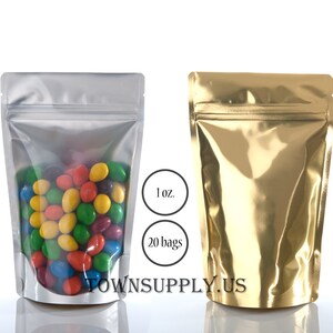 20 1 oz gold foil lined poly stand up pouch with clear front, food safe packaging supply, small resealable party favor bags, tea, spices