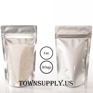 20 4 oz silver foil lined stand up pouches with clear front, food safe packaging supply, small resealable bag, party favors, coffee, tea