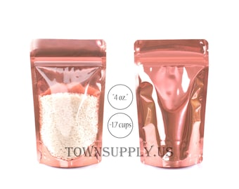 100 4 oz coral stand up pouches with clear front, zipper storage bags, food safe packaging, heat sealable, shower favor bags, Town Supply