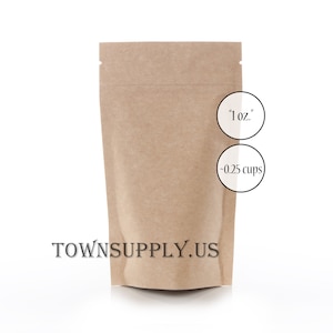 100 1 oz Kraft stand up pouches, food safe packaging supply, small resealable zip bags, recloseable zipper, foil lined tea or coffee bags
