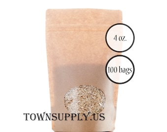 100 4 oz Kraft paper stand up pouches, clear oval window, food grade Kraft bags, small product package, resealable zipper, craft supply