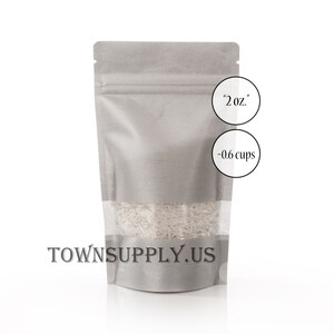 CLEARANCE 100 2 oz silver gray rice paper stand up pouches with window, food safe packaging, resealable pouch, zipper favor bag, Town Supply