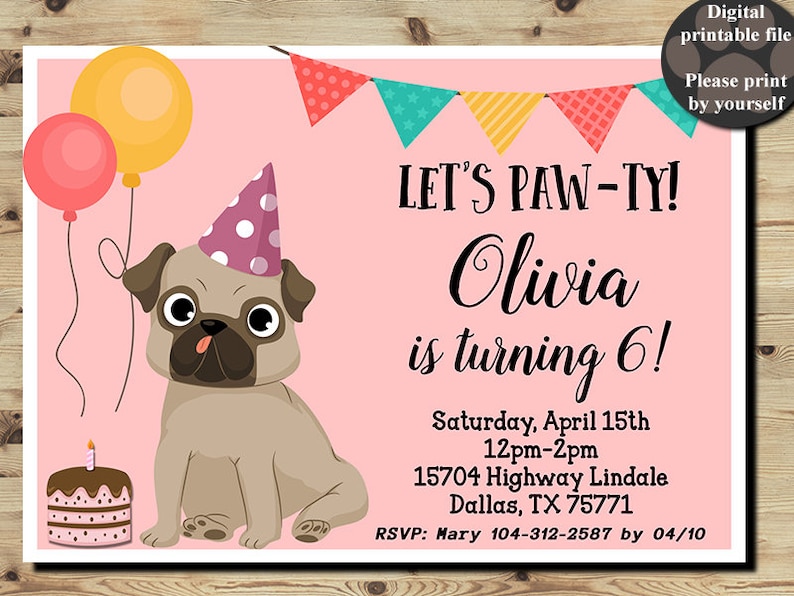 Pug Birthday Invitation Pug Party Pug Invitation Girls Etsy