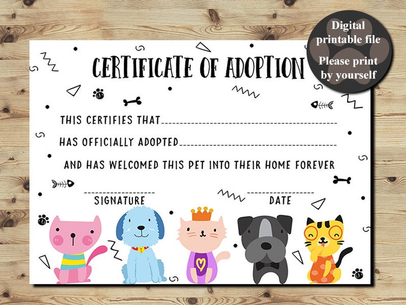 Pet Adoption Certificate Printable
