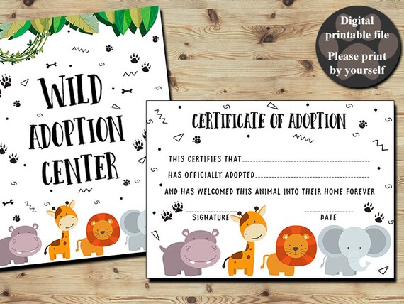 WILD ANIMAL Adoption Certificate Certificate Of Adoption | Etsy
