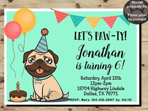 Pug Birthday Invitation Pug Party Pug Invitation Boys Party Etsy