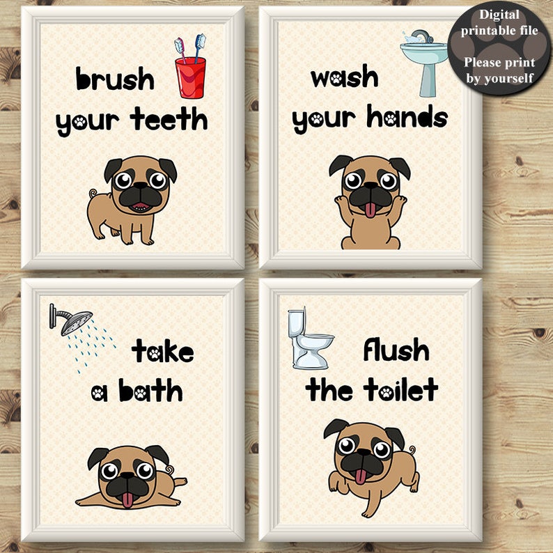Dog Art Print Bathroom Rules Pug Art Prints Wash Your | Etsy