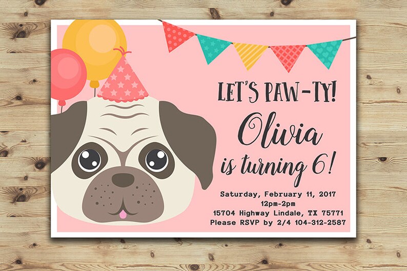 Pug Birthday Invitation Girls And Boys Party Pug Invitation Etsy
