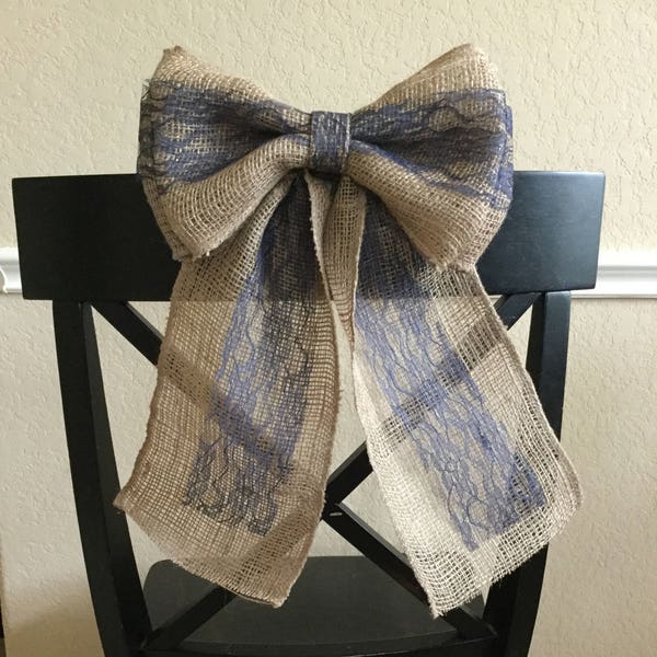 11" Wide Burlap Pew Bow with Navy Blue Lace Panel Ribbon Chair Wedding Venue Rustic Baby Shower Patriotic Decor Cottage Chic Primitive