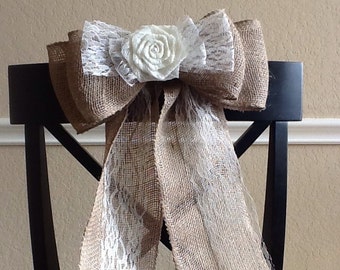 ivory Burlap Pew Bow Chair Venue Wedding Rustic Chic Primitive Wreath Country 