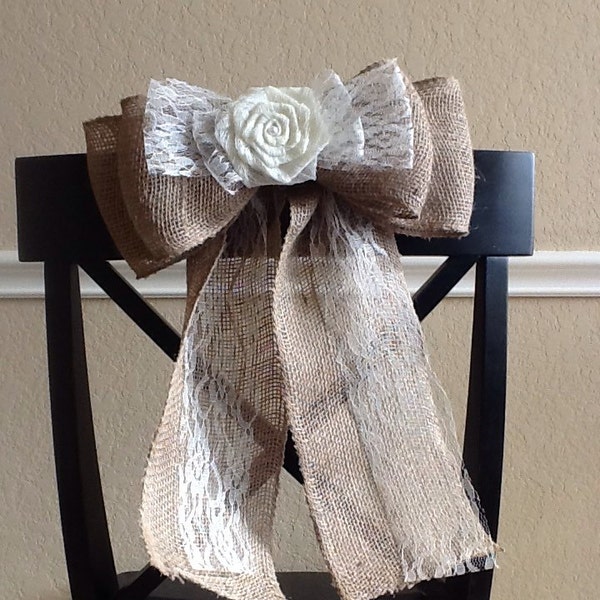 12" Wide Burlap Bow with Lace Flower Pew Bow Chair Wedding Venue Rustic Cottage Chic Primitive