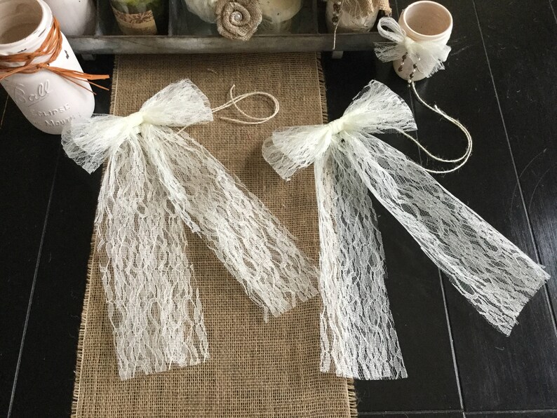 Lace Pew Bows Set Of Two 8 Width Chair Table Runner Wedding Aisle Shower Anniversary Wreath Decor Ivory Navy Blue Champagne White