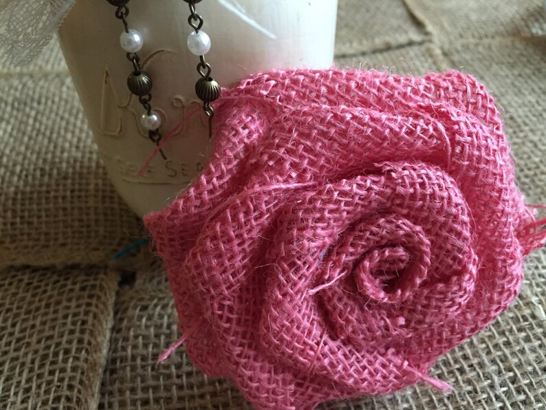 Burlap Flower Rose in Pink Rustic Wedding Cake Spring Easter Basket Baby Girl Shower Wedding Table Bouquet Cottage Shabby Chic image 4