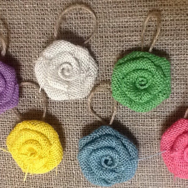 Six Burlap Flowers 2" Diameter Hanging Pastel Easter Table Centerpiece Twig Tree Ornament Spring