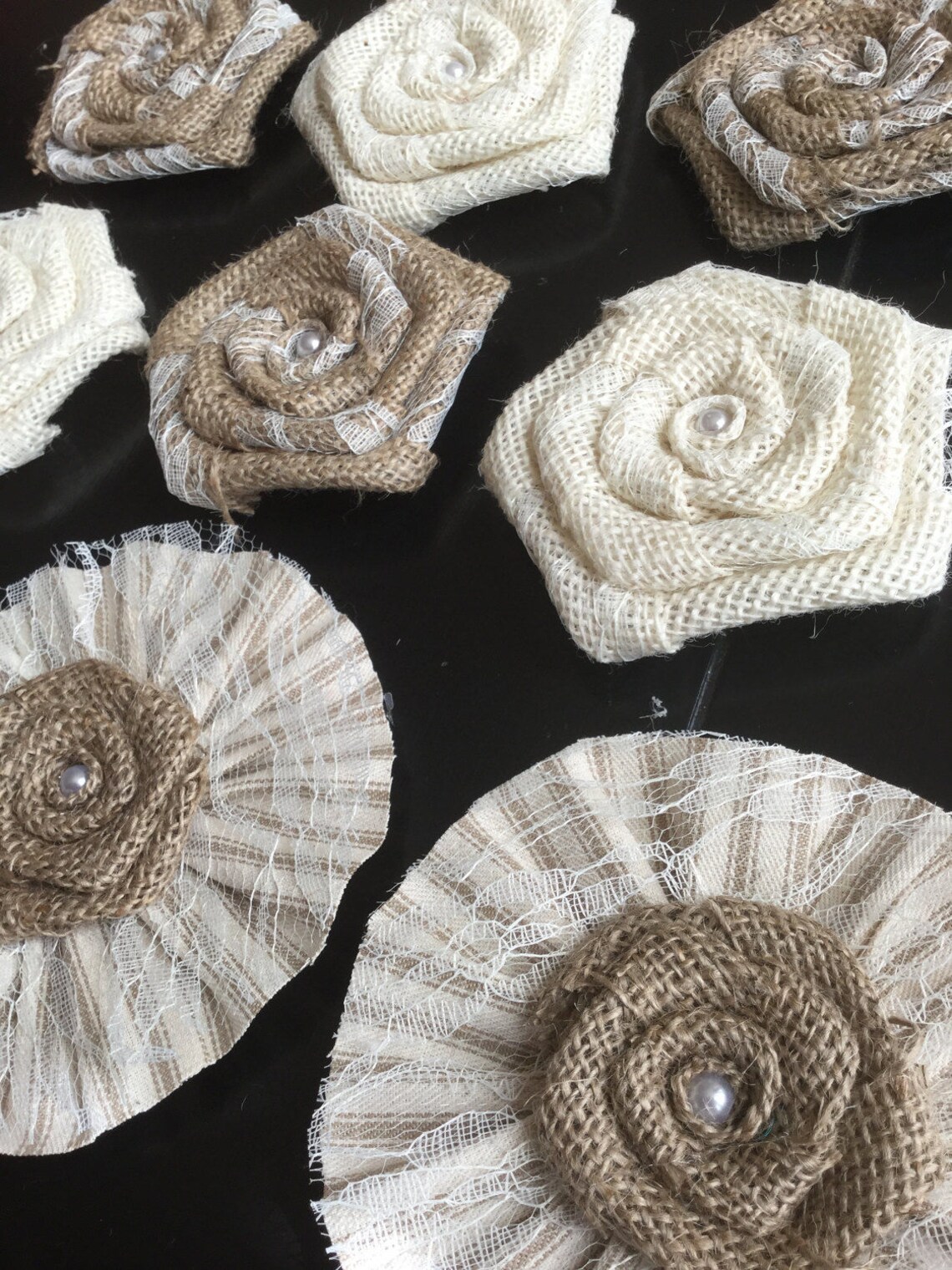 Set of 15 Burlap Lace Stripe Ticking Flowers Rustic Wedding Etsy