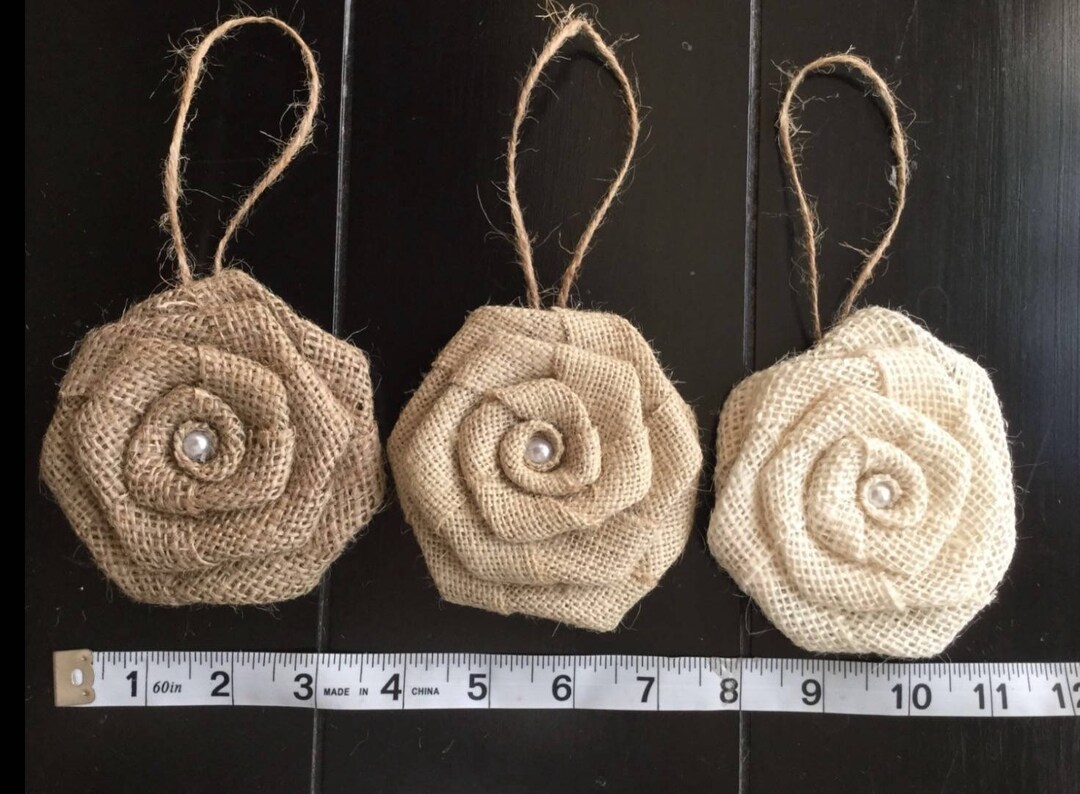 THREE Burlap Flowers 3.5 Diameter Hanging Christmas Tree Ornament Tree ...