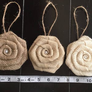 THREE Burlap Flowers 3.5" Diameter Hanging Christmas Tree Ornament Tree Rustic Holiday Wreath Decor Table Gift Wrap Natural Ivory Lace Jute