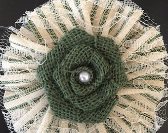 Forest Green Burlap Flower Green Stripe Ticking Ruffle Christmas Wreath Tree Ornament Holiday Table Centerpiece Rustic Cottage Shabby Chic