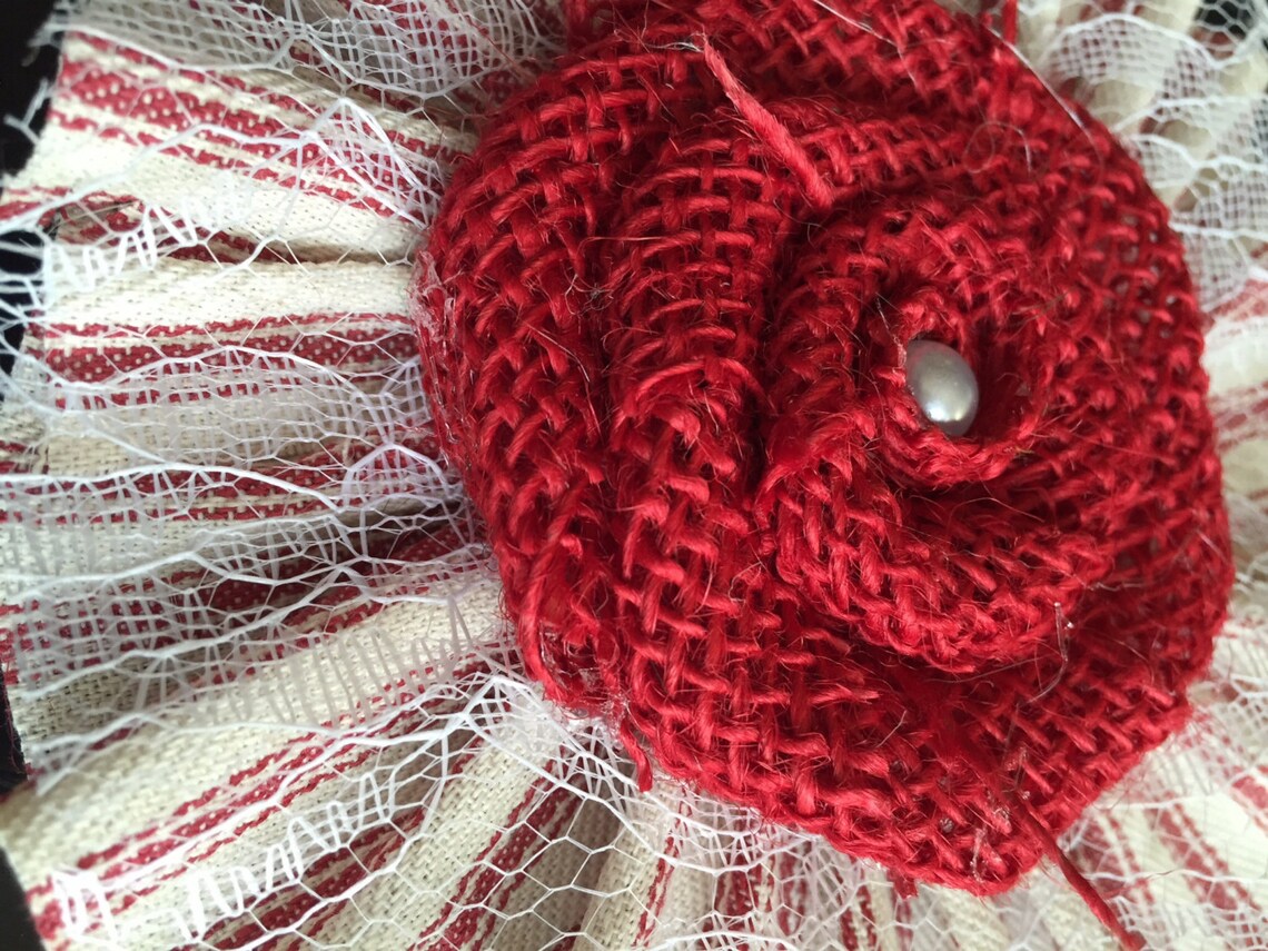 Red Burlap Flower Stripe Ticking Ruffle 4 Etsy