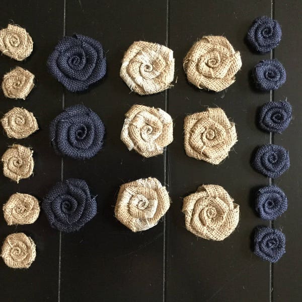 21 Burlap Flowers You CUSTOMIZE ACCENT Color 1"Mini  and 2" Small Rustic Wedding Table Centerpiece  Cake Topper Wreath Outdoor Boy Shower