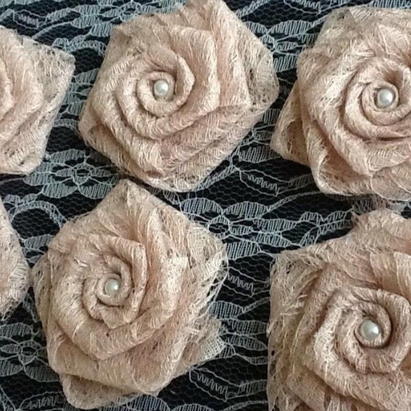 Set of Six Champagne Lace Flowers with Burlap Back Wedding Bouquet Rustic Centerpiece Reception Cake Top Venue Pew Decor