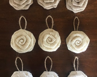 Burlap Christmas Ornaments Set of NINE 3.5” Burlap Flowers Rustic Christmas Tree