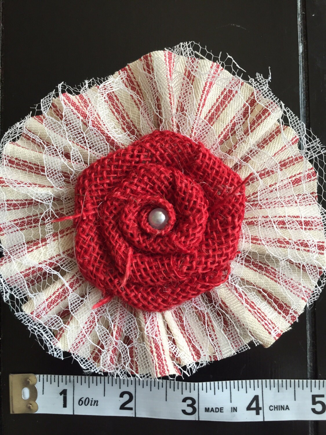 Red Burlap Flower Stripe Ticking Ruffle 4 Etsy