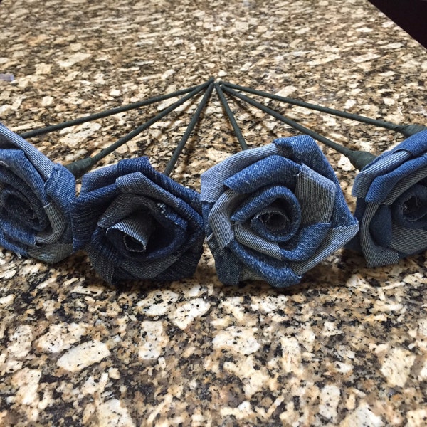 Set of Six Denim Rose Flower 12" Stem Country Western Burlap Bouquet Centerpiece Rustic  Outdoor Table Vintage Denim Jeans Repurposed