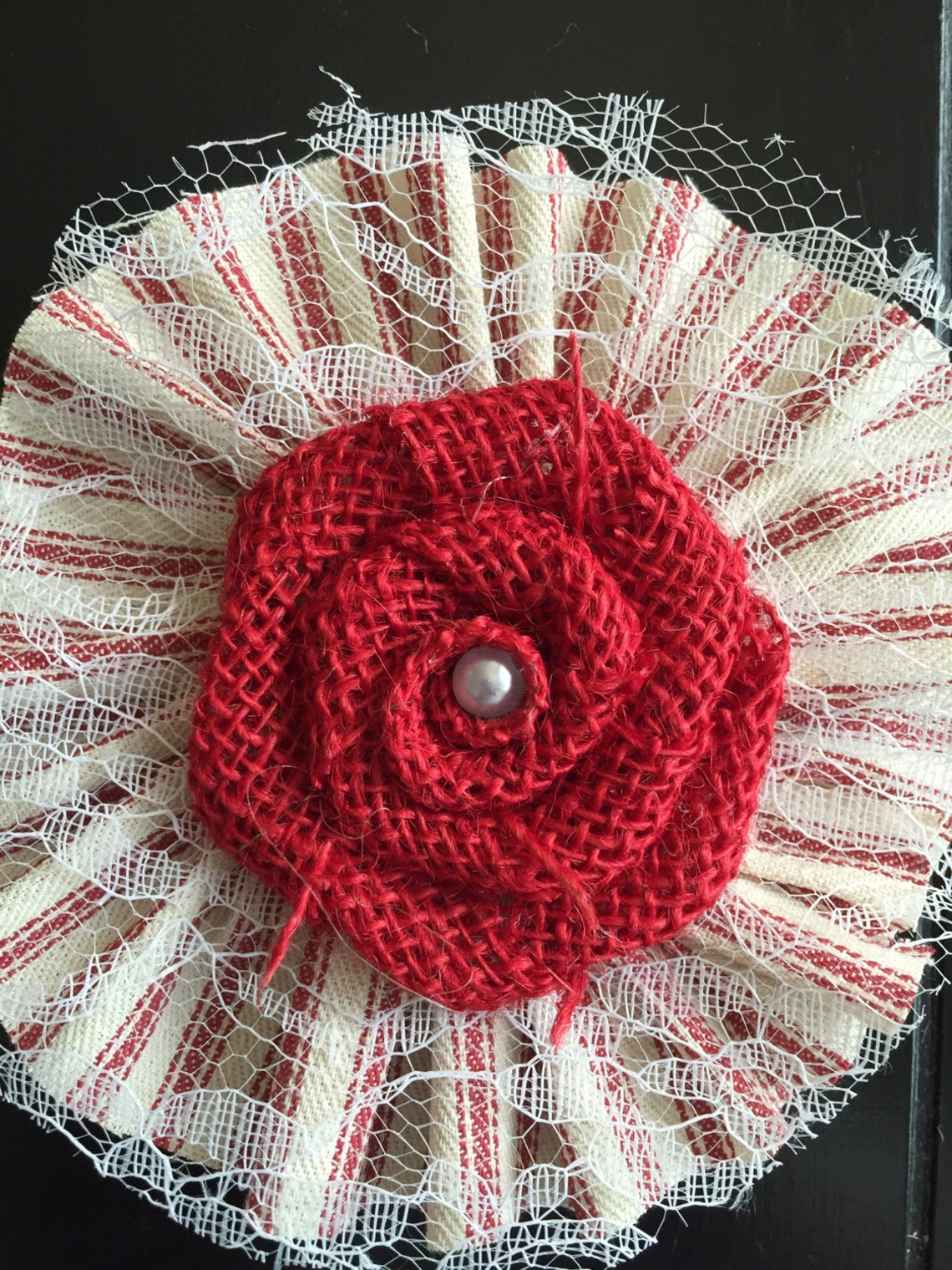 Red Burlap Flower Stripe Ticking Ruffle 4 Etsy