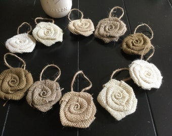 TEN Burlap Flower Hanging Ornaments in Shades of Neutral Twig Tree Christmas Wreath Decor  Natural Ivory Jute