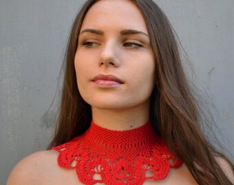 Crochet red collar women High neck corset Lace choker necklace Detachable cotton knit collar Removable scalloped collar Neck ruff Boho