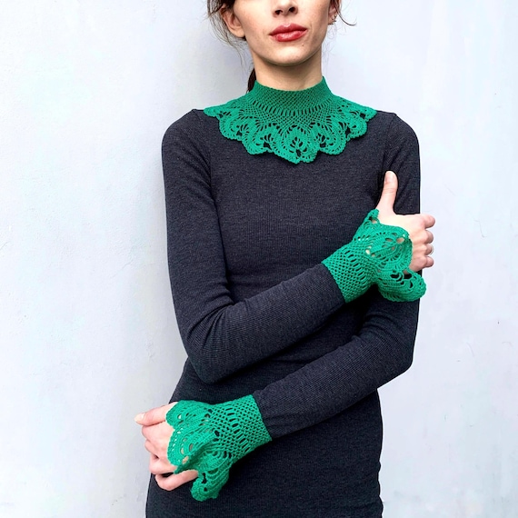 Green lacy detached cotton collar Ruffle sleeve extender One layer elegant cuffs Neck piece Lace ruffle wrist Fake collar shirt removable