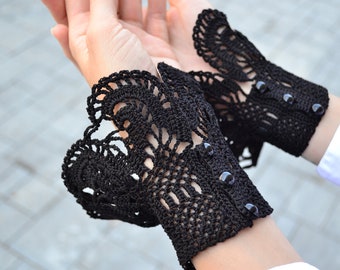 Crochet black cotton Lolita wrist cuffs Fingerless gloves womens Detachable sleeves Removable cuffs Frilly Ladies