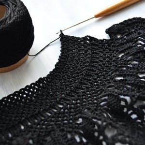 May include: Black crochet lace edging with a ball of black yarn and a crochet hook.