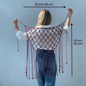 Falda con cinturón de macramé de algodón – Falda envolvente de cuerda bohemia – Chal de festival hecho a mano – Accesorio de red Burning Man – Cinturilla bohemia burdeos