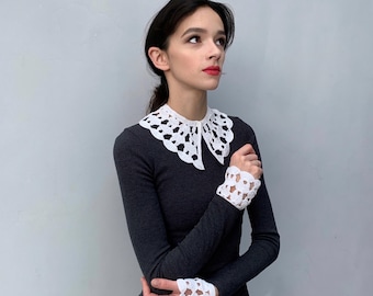 Conjunto de cuello Peter Pan desmontable con puños de ganchillo y encaje blanco, puños para la muñeca, accesorio vintage para blusa de mujer, hecho a mano.