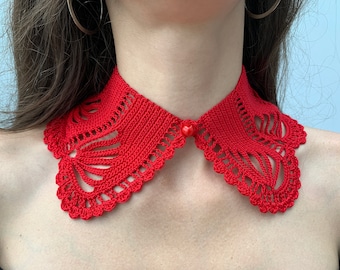 Corsé de cuello alto con cuello de encaje y cuello de ganchillo rojo estilo boho literario para chica, accesorio vintage Peter Pan desmontable hecho a mano