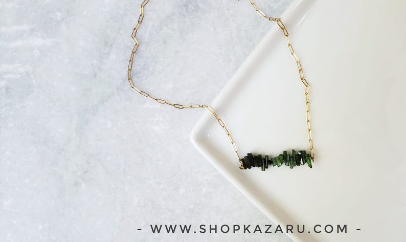 gift luxury green tourmaline natural stone tourmaline bar necklace green stone 18k gold gold filled gold chain raw stone