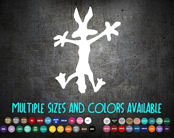 May include: White cartoon character silhouette with outstretched arms and legs, set against a textured, dark gray background. The text "MULTIPLE SIZES AND COLORS AVAILABLE" is displayed in turquoise. A color palette is shown below.