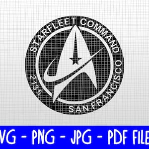 May include: A black and white Starfleet Command logo with the text "Starfleet Command San Francisco" encircling a central emblem. The emblem features a stylized "A" shape with a star. The number "2135" is also present.