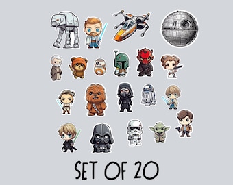 May include: A set of 20 Star Wars themed stickers featuring chibi-style illustrations of characters, vehicles, and the Death Star. The collection includes figures like Darth Vader, Yoda, and various droids, all displayed against a plain background.