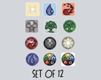 May include: Set of 12 Magic: The Gathering card symbols. Each symbol is in a square with a colored background. Symbols include a sun, water drop, flame, skull, tree, and a multi-colored wheel. The text "SET OF 12" is below the symbols.