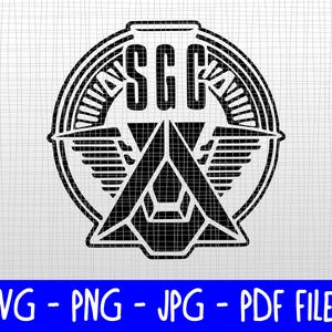 May include: Black and white graphic of a circular emblem with the letters "SGC" at the top. The emblem features a stylized design with wings and geometric shapes. Below the emblem is the text "SVG - PNG - JPG - PDF FILES" in blue.