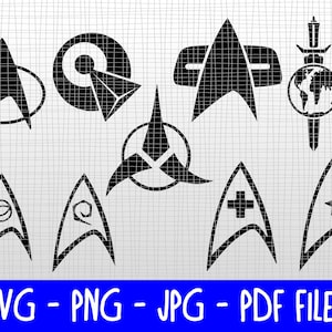 May include: A selection of black and white Star Trek-themed graphic designs. The image shows various insignia and symbols from the science fiction franchise. The bottom of the image displays the text "SVG - PNG - JPG - PDF FILES" in white letters on a blue background.