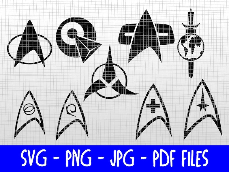 May include: A selection of black and white Star Trek-themed graphic designs. The image shows various insignia and symbols from the science fiction franchise. The bottom of the image displays the text "SVG - PNG - JPG - PDF FILES" in white letters on a blue background.