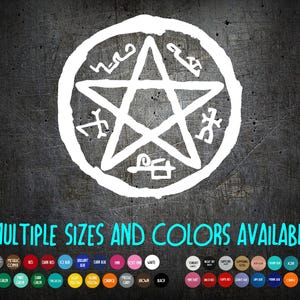 May include: White pentagram symbol with stylized text within a circle, set against a textured dark gray background. The text "MULTIPLE SIZES AND COLORS AVAILABLE" is displayed below, along with a color palette.