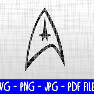 May include: Black Star Trek insignia graphic on a white background with a grid pattern. The image includes the text "SVG - PNG - JPG - PDF FILES" in a blue banner at the bottom. The insignia is a stylized arrowhead shape with a star.