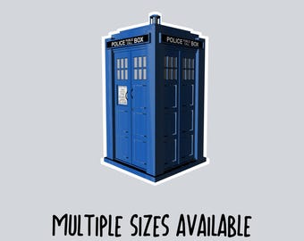 May include: A blue police box with the words "POLICE PUBLIC CALL BOX" on top. The box has two doors, windows, and a sign. The text "MULTIPLE SIZES AVAILABLE" is at the bottom.